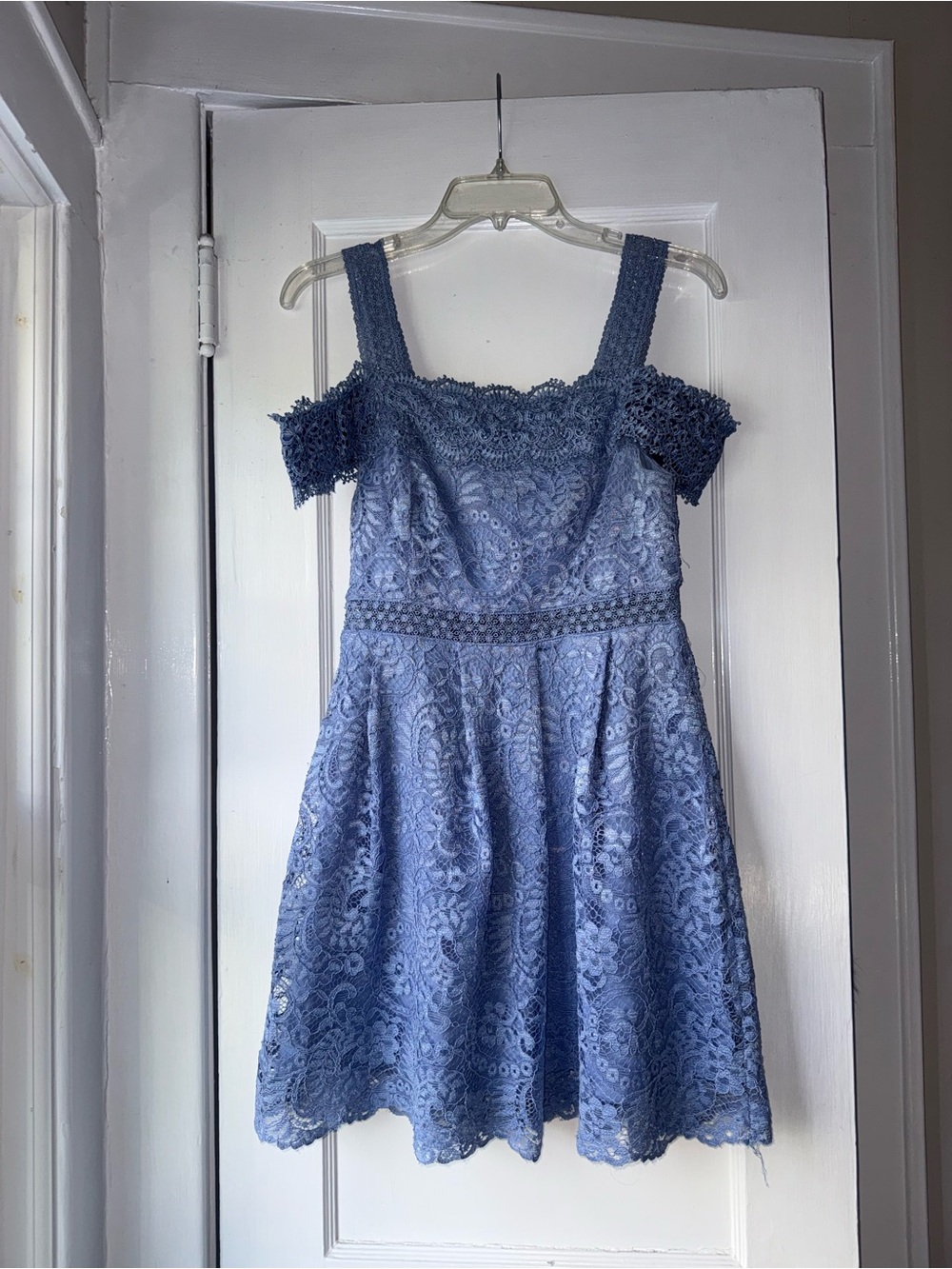 Francesca's Collections Dusty Blue Lace Cold-Shoulder Mini Dress